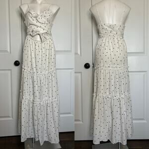 NWT Fashion Mia White Black Polka Dot Ruffle Wrap Top Tiered Maxi Dress M
